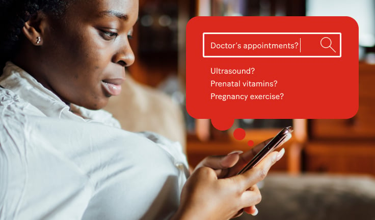 Women searching on her phone, support & advice for every stage of pregnancy