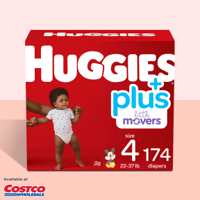 A box of Huggies Little Movers Plus Diapers
