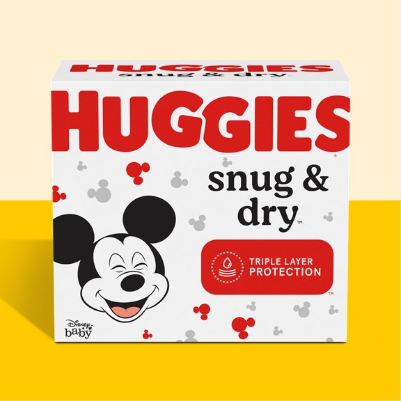 A box of Huggies Snug and Dry diapers